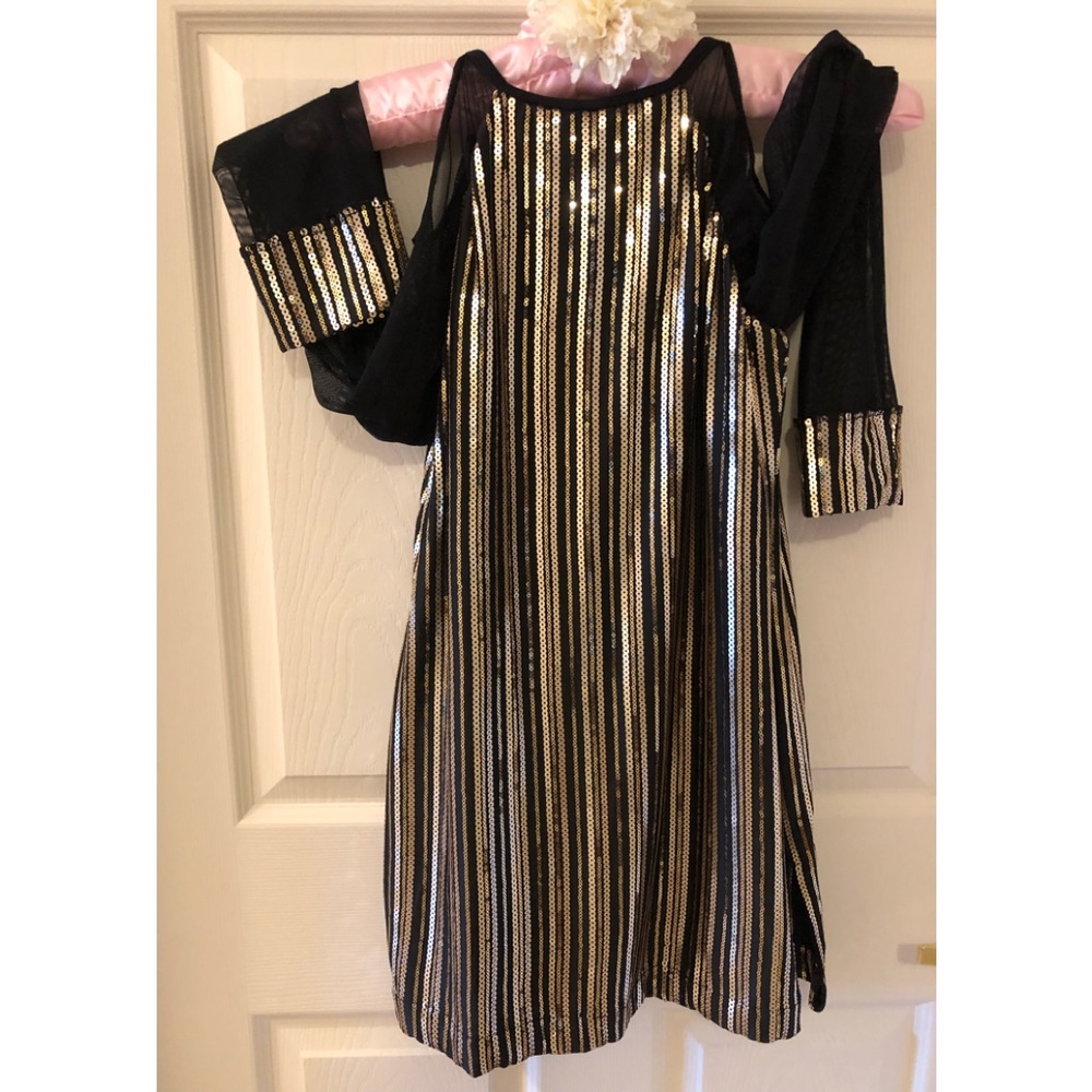 Black with Golden Sequencing Romper, Sheer Long Sleeves & Cold Shoulder